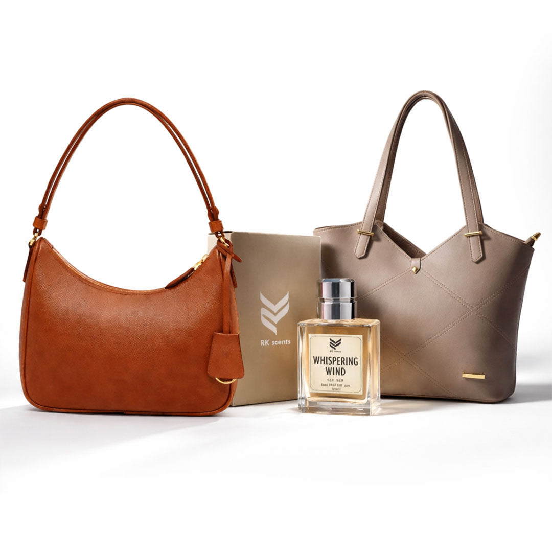 Brown Bag + Beige Handbag + Whispering Wind Perfume